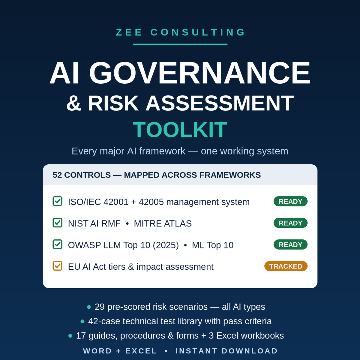 AI Governance and Risk Assessment Toolkit — ISO 42001, NIST AI RMF, MITRE ATLAS, OWASP, EU AI Act