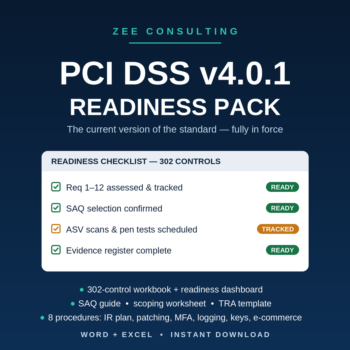 PCI DSS v4.0.1 Readiness Pack — 302-control checklist, SAQ guide and procedures