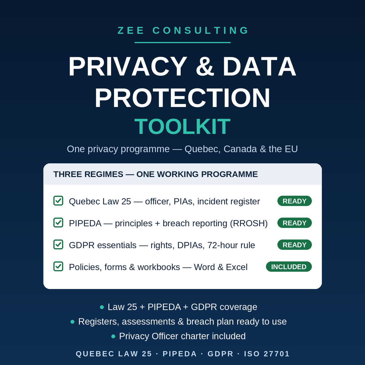 Privacy & Data Protection Toolkit — Law 25, PIPEDA, GDPR (Word + Excel)